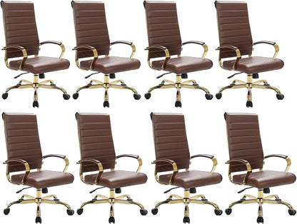 LeisureMod Modern High-Back Leather Office Chair - Swivel & Adjustable Executive Desk Chair with Gold Frame, Ergonomic Design for Home & Office (Brown, Set of 8)