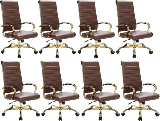 LeisureMod Modern High-Back Leather Office Chair - Swivel & Adjustable Executive Desk Chair with Gold Frame, Ergonomic Design for Home & Office (Brown, Set of 8)