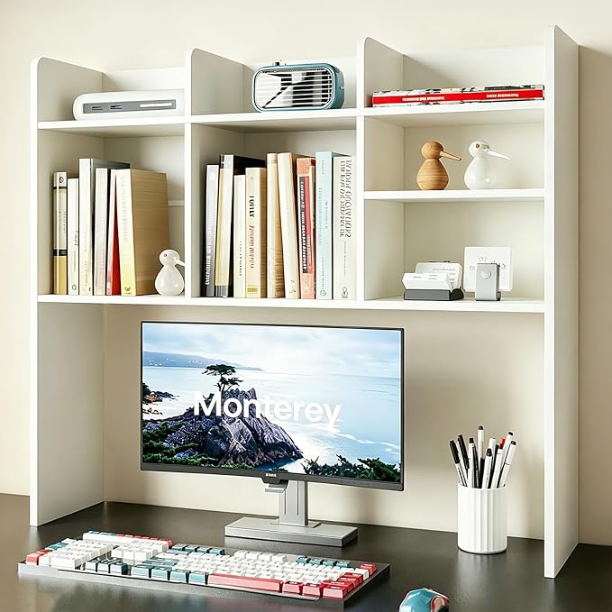 ChooChoo Desktop Bookshelf, Wood Desk Hutch Organizer with 7 Shelves for Computer Desk, Desktop Shelf Bookshelf Storage for College Dorm Office Home, White