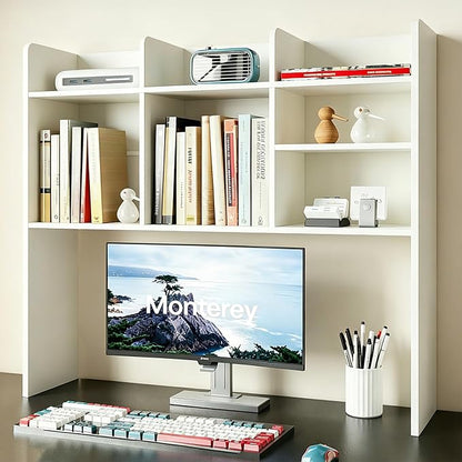 ChooChoo Desktop Bookshelf, Wood Desk Hutch Organizer with 7 Shelves for Computer Desk, Desktop Shelf Bookshelf Storage for College Dorm Office Home, White