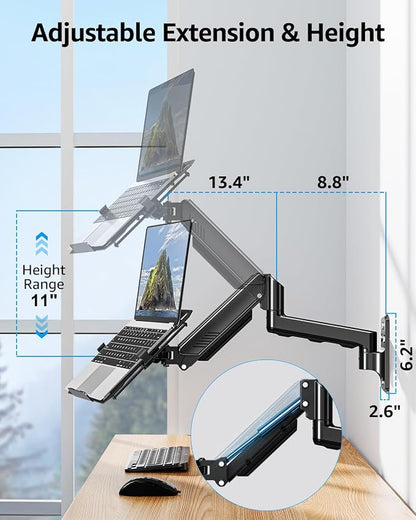 MOUNTUP Laptop Wall Mount, Adjustable Laptop Mount for Max 17" Notebook or Max 32" Monitor, Wall Mount Laptop Holder Holds 4.4-22lbs, 2-in-1 Laptop Arm with Ventilated Tray