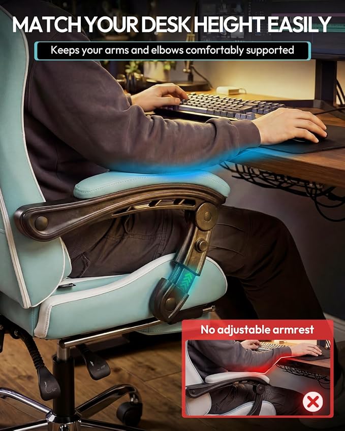 Dowinx Ergonomic Gaming Chair with Footrest & Massage Lumbar, 2D-Linkage Armrests for Computer Chair 330lbs with Headrest Pillow for Office, Home, Streaming and Long Gaming Sessions, Fabric Blue White