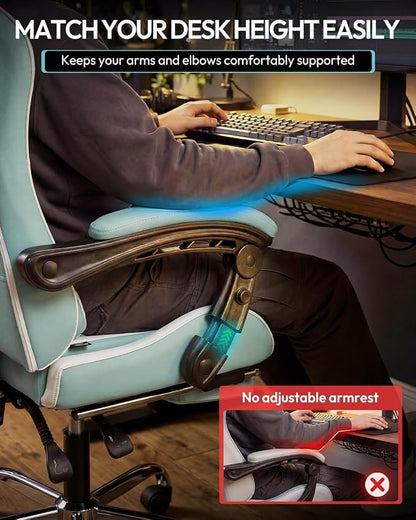 Dowinx Ergonomic Gaming Chair with Footrest & Massage Lumbar, 2D-Linkage Armrests for Computer Chair 330lbs with Headrest Pillow for Office, Home, Streaming and Long Gaming Sessions, Fabric Blue White