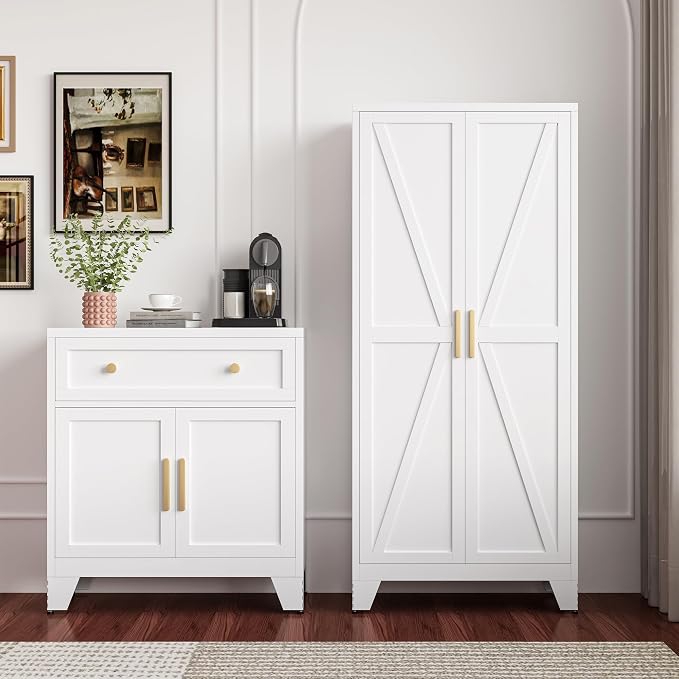 QINPTWUT 61" Metal Storage Cabinet, 4-Tier Kitchen Pantry with 3 Adjustable Shelves, Farmhouse Design Freestanding Cupboard for Kitchen, Bathroom, Laundry, Garage, White