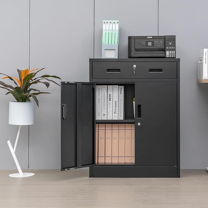 CMY Metal Storage Cabinet, Locking Storage Cabinet with 1 Drawer and Adjustable Shelf, 36" H x 28" W x 16" D Metal Cabinets for Office, Garage, Home-Black