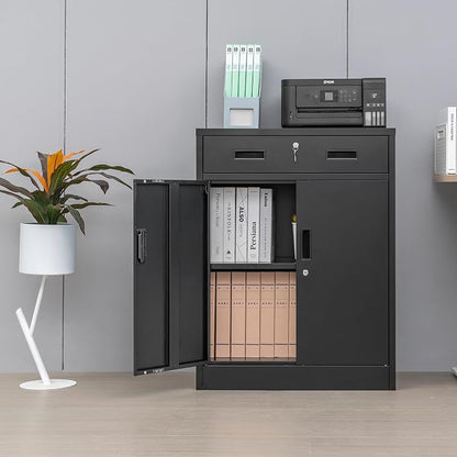 CMY Metal Storage Cabinet, Locking Storage Cabinet with 1 Drawer and Adjustable Shelf, 36" H x 28" W x 16" D Metal Cabinets for Office, Garage, Home-Black