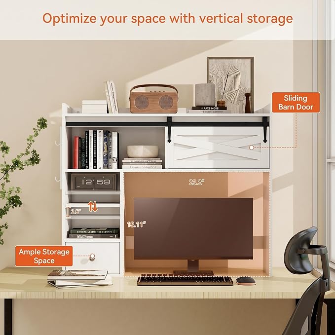 ELECWISH Desktop Bookshelf, Desk Shelf with Drawer for Computer Desk, 36.22" 7-Tier Adjustable Desktop Hutch Organizer with Pegboard for Home Office, Oak