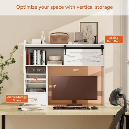 ELECWISH Desktop Bookshelf, Desk Shelf with Drawer for Computer Desk, 36.22" 7-Tier Adjustable Desktop Hutch Organizer with Pegboard for Home Office, Oak