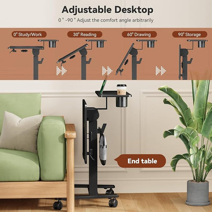 28Inch Rolling Standing Desk On Wheels， Small Computer Workstation Adjustable Height， Mobile Laptop Stand with Tiltable Desktop， 2-Tier Portable Study Table with Storage Shelves， Black
