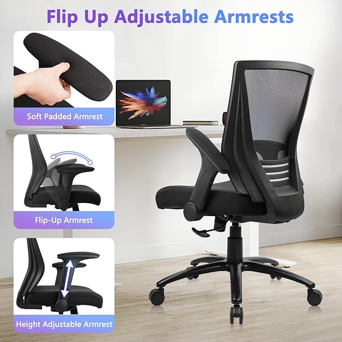 CLATINA Big and Tall Office Chair Heavy Duty Ergonomic Desk Chair 500lbs with Flip-up Arms & Wide Thick Seat Cushion Home Executive Swivel Mesh Chair for Study, Conference, Black, 2 PK