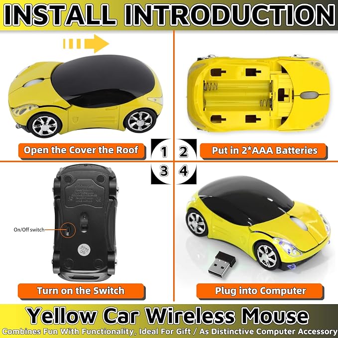 HuGuWdy Yellow Cute Wireless Mouse，2.4G with USB Reciver 1600DPI Car Mouse for Computer Wireless for Laptop Computer Tablet for Windows for Mac OS for Christmas（Yellow）