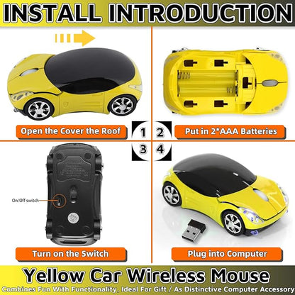 HuGuWdy Yellow Cute Wireless Mouse，2.4G with USB Reciver 1600DPI Car Mouse for Computer Wireless for Laptop Computer Tablet for Windows for Mac OS for Christmas（Yellow）
