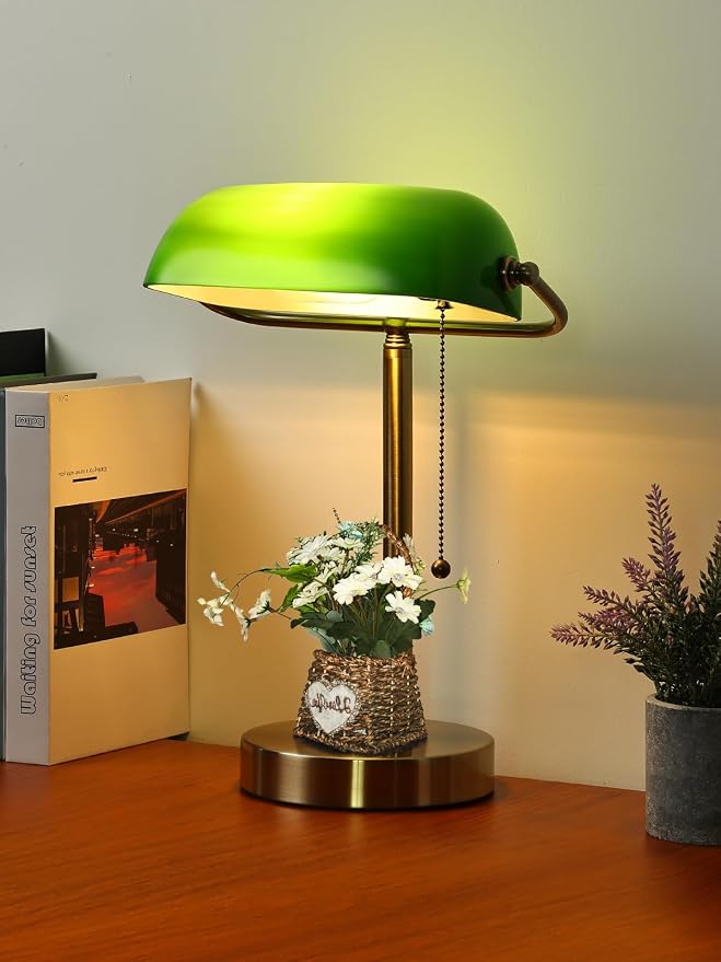Traditional Green Glass Bankers Desk Lamp,LED Bulb Included | Pull Chain Switch Plug in Fixture