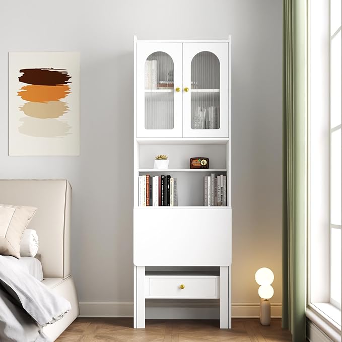 LUMISOL Fold-Out Convertible Writing Table with Glass Doors, Drawers, Bookshelf & Storage Shelves, Modern Wooden Convertible Workstation for Work, White