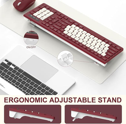 Wireless Keyboard and Mouse Combo, Full-Sized Wireless Keyboard and Adjustable DPI Mouse, 2.4GHz USB Receiver, Keyboard and Mouse for PC, Windows, Desktop, Laptop (Wine Red-B)