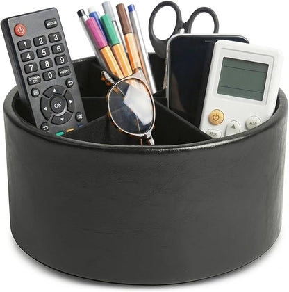 Remote Control Holder, 360°Spinning PU Leather Desk TV Remote Caddy,Desk Storage Box Room Accessories for Controller, Media,Mail,Calculator, Mobile Phone,Pencil(1-Oil Black)