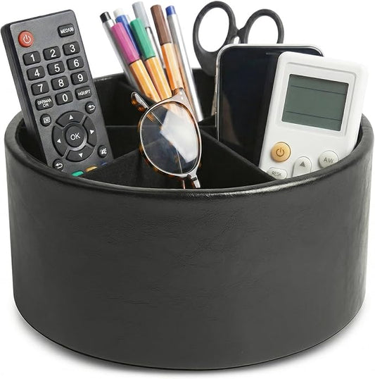Remote Control Holder, 360°Spinning PU Leather Desk TV Remote Caddy,Desk Storage Box Room Accessories for Controller, Media,Mail,Calculator, Mobile Phone,Pencil(1-Oil Black)
