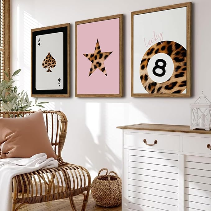 Pink and Black Leopard Wall Art, Lucky Girl 8 Ball Wall Decor Set of 3 Cheetah Lucky Star Poster Canvas Prints, Coquette Modern Teen Pictures for Bedroom Living Room 16x24 inch Framed