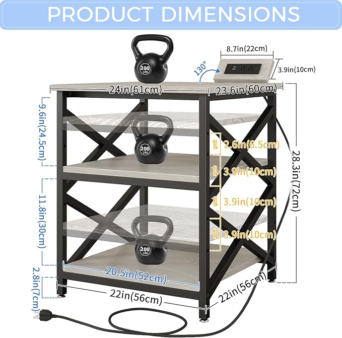 METYERRY Large Printer Stand with Power Outlet, with Height Adjustable Storage Shelf, 3 Tier Rolling Printer Cart with Industrial Wheels, 23.6 x 23.6 Inches Printer Table for Home Office, Greige