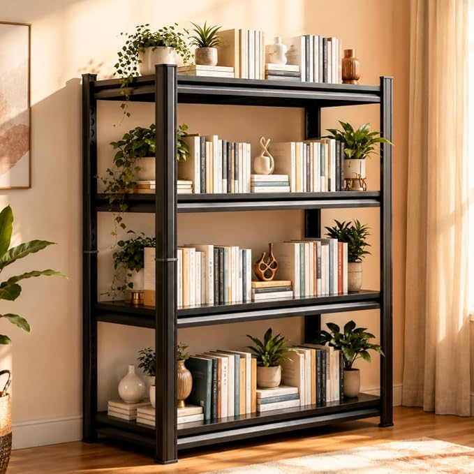 4-Tier Metal Bookshelf, 45.5" W Industrial Tall Display Bookcase, 1200LBS Modern Black Book Shelf, Adjustable Bolt-Free Storage Shelves for Living Room, Bedroom, Kitchen, 63" H