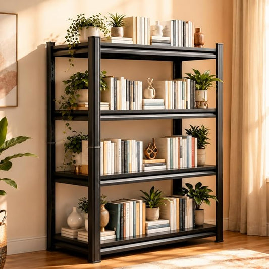 4-Tier Metal Bookshelf, 45.5" W Industrial Tall Display Bookcase, 1200LBS Modern Black Book Shelf, Adjustable Bolt-Free Storage Shelves for Living Room, Bedroom, Kitchen, 63" H