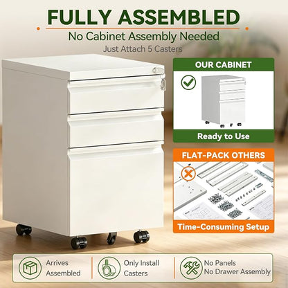 SAWJEC 3 Drawer File Cabinet with Lock, White Metal Filing Cabinet for Home Office, Fully Assembled, Vertical Locking File Cabinet with Letter Legal A4 Size Hanging Files, 15" W x 17" D x 24" H