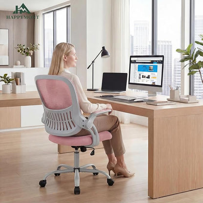 Home Office Desk Chair, Ergonomic Mid-Back Mesh Computer Task Chair with Comfortable Lumbar Support, Height Adjustable Swivel with Flip-up Armrest for Adults, Student, Pink