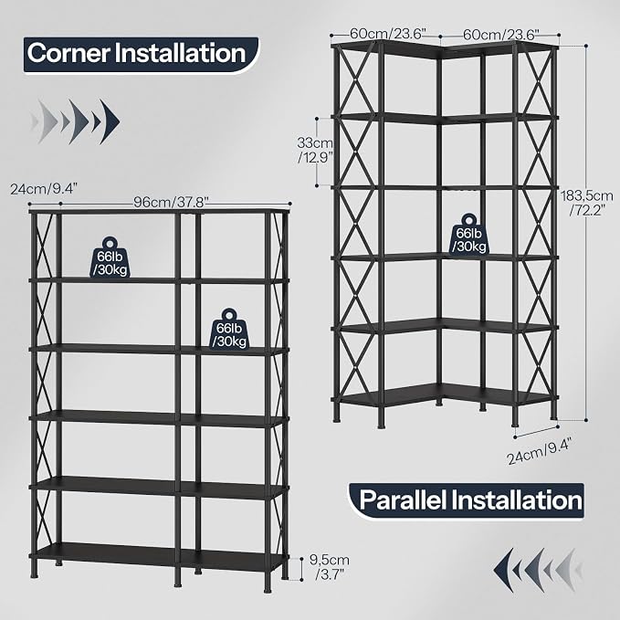 HOOBRO Corner Bookshelf, 6-Tier L-Shaped Bookcase, Industrial Open Display Shelf Tall Storage Organizer, Vertical Storage Rack, for Living Room, Home Office, Black BB61SJ01