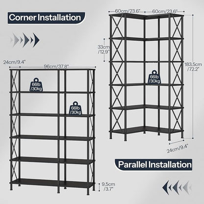 HOOBRO Corner Bookshelf, 6-Tier L-Shaped Bookcase, Industrial Open Display Shelf Tall Storage Organizer, Vertical Storage Rack, for Living Room, Home Office, Black BB61SJ01