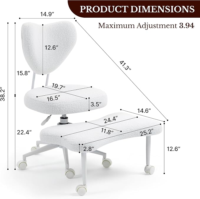 Cross Legged Office Chair with Wheels, 360 Swivel Height-Adjustable Meditation Chair with Lumbar Support, White
