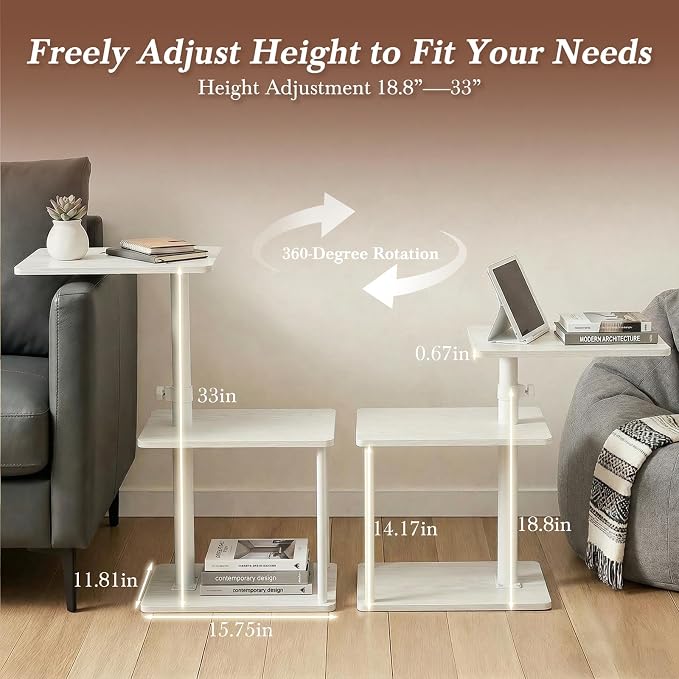 Faesun 360° Swivel Side Table for Height Adjustable, C Shaped End Table for Couch with Storage, 3-Tier Night Stand with Open Shelf, Tv Tray for Small Spaces, Living Room, Bedroom, White