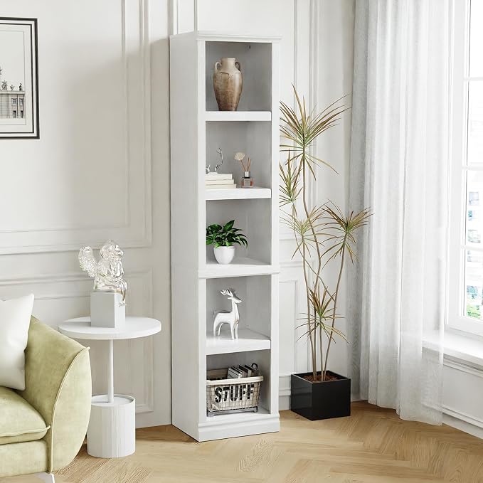 blini 5-Shelf Narrow Bookcase White Wooden Tall Bookshelves Floor Standing Display Storage Shelves Vintage Oak Bookcase for Home Office, Living Room, Bed Room