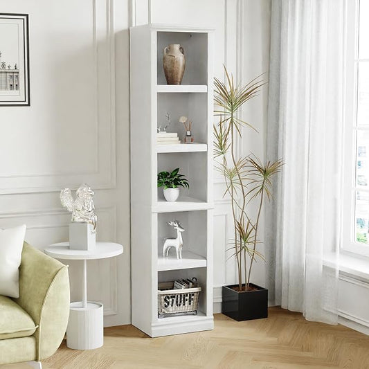 blini 5-Shelf Narrow Bookcase White Wooden Tall Bookshelves Floor Standing Display Storage Shelves Vintage Oak Bookcase for Home Office, Living Room, Bed Room