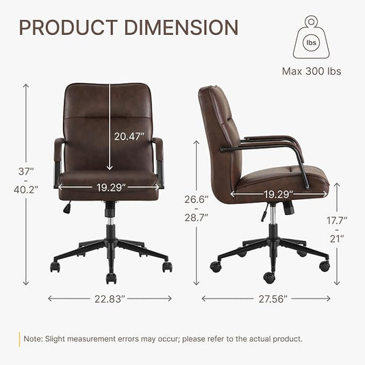 KISLOT Ergonomic Home Office Chair with Lumbar Support, Adjustable Swivel Modern Desk Chair with Wheels, Faux Leather Computer Chair with Padded Arms, Comfy Executive Office Chair, Espresso