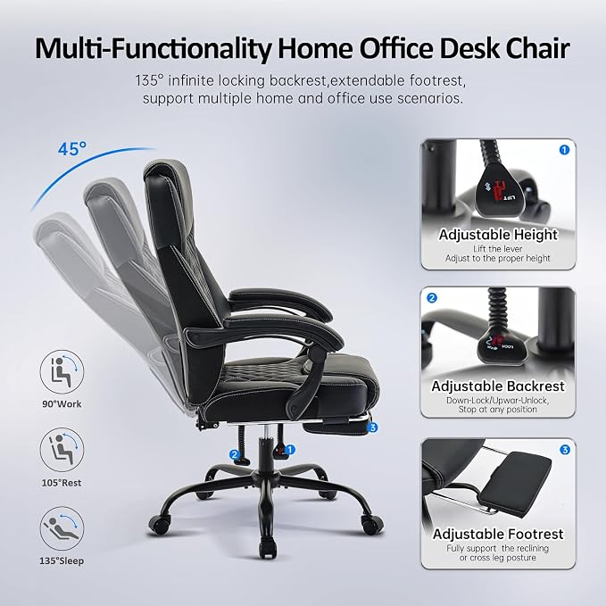 amseatec Big and Tall Office Chair with Footrest, Ergonomic Leather High Back Computer Chair Infinite Lock Reclining 90°-135°,20 Spring Packs,300lbs Executive Desk Chair for Home Office（Black）
