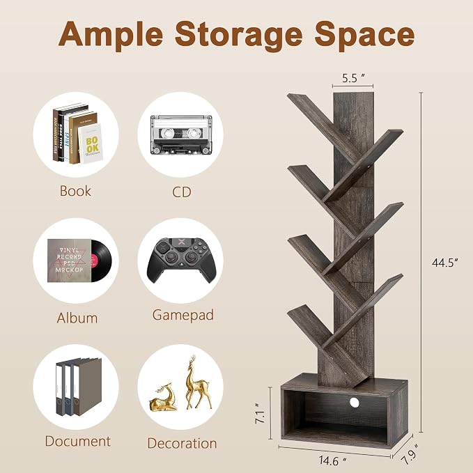 Hoctieon 6 Tier Tree Bookshelf, Tall Bookcase with Drawer, Freestanding Book Shelf, Display Floor Standing Storage Shelf, Book Organizer Shelves for Home Office, Living Room, Bedroom, Grey