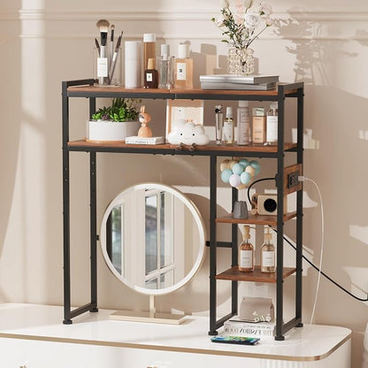 Aetheris Desktop Organizer Shelf, 30" Wooden Office Storage Rack with Outlets, Display Shelf Rack with Light Strip, 5 Tier Desktop Display Rac, Desk Shelf, Desk Hutch for Computer Monitor, Brown