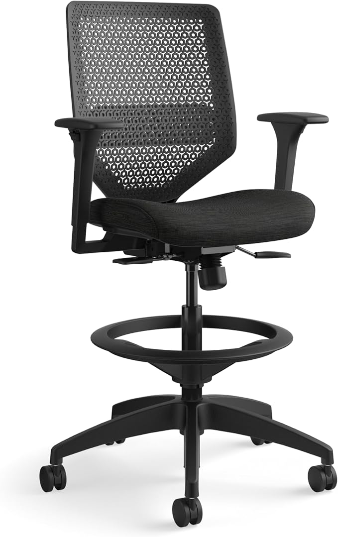 HON Solve Standing Desk Chair with Breathable ReActiv Mesh Back, Adjustable Lumbar Support and Footring, Ergonomic Task Stool with Height Adjustable Arms for Sit‑Stand Workstations, Black