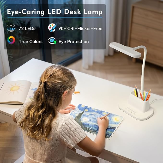BOHON Desk Lamp for Home Office Reading Light with USB Charging Port White | Small Desk Lamps with Pen Holder, 5 Color Modes 5 Brightness, Touch Gooseneck LED Table Lamp for Dorm Room Essentials Study