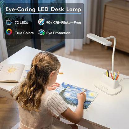 BOHON Desk Lamp for Home Office Reading Light with USB Charging Port White | Small Desk Lamps with Pen Holder, 5 Color Modes 5 Brightness, Touch Gooseneck LED Table Lamp for Dorm Room Essentials Study