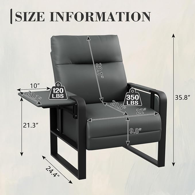 Alunaune Upholstered Living Room Chair Armchair, Mid Century Faux Leather Metal Accent Chair, Reception Couch Slipper Club Lounge Chair Guest Comfy Single Sofa with Sidetable for Bedroom-Dark Grey