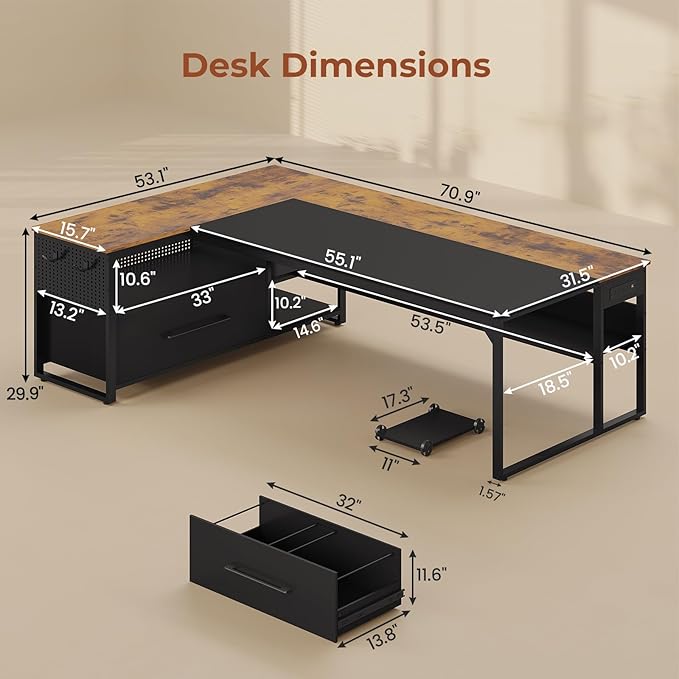 UPOSOJA 71" Executive Desk, Large Office Desk with Widen File Drawers & Power Outlets, Reversible L Shaped Computer Desk Corner Desk with Storage Shelves, CPU Stand, Hooks, Business Furniture