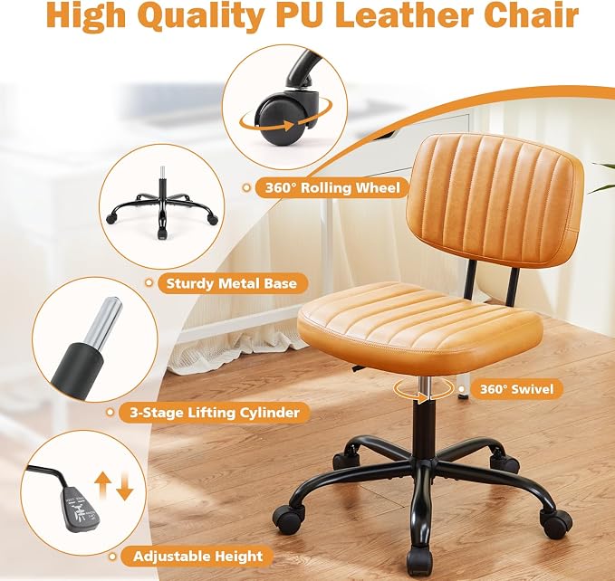 Sweetcrispy Small Office Desk Chair, Armless PU Leather with Comfy Lumbar Support, Height Adjustable Rolling Swivel Task for No Arms, for Adult, Student, Bedroom, Home, Vanity, Brown