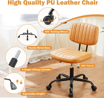 Sweetcrispy Small Office Desk Chair, Armless PU Leather with Comfy Lumbar Support, Height Adjustable Rolling Swivel Task for No Arms, for Adult, Student, Bedroom, Home, Vanity, Brown
