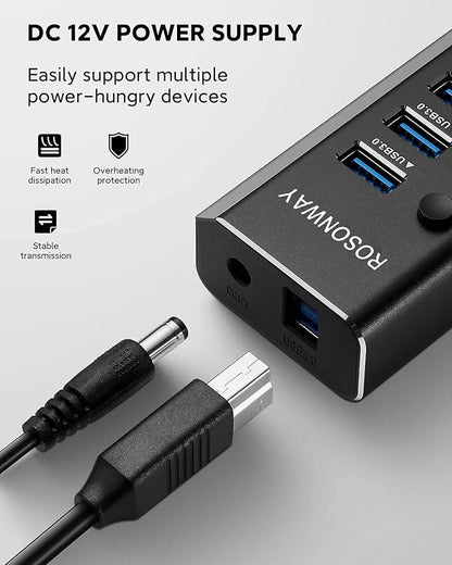 Powered USB Hub, Rosonway Aluminum 10 Port USB 3.0 Data Hub with 36W (12V/3A) Power Adapter and Individual On/Off Switches USB Splitter(RSH-A10)