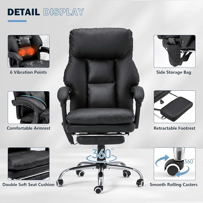 HOMREST Ergonomic Office Chair with 6-Point Massage & Heating, Adjustable Executive Desk Chairs with Retractable Footrest, PU Leather Home Office Desk Chair for Home & Office (Black)
