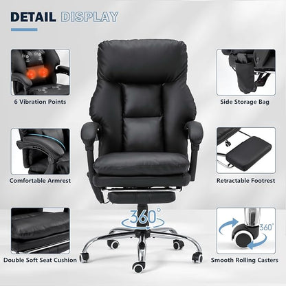 HOMREST Ergonomic Office Chair with 6-Point Massage & Heating, Adjustable Executive Desk Chairs with Retractable Footrest, PU Leather Home Office Desk Chair for Home & Office (Black)