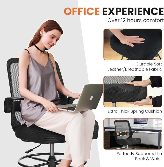 Drafting Chair 500LBS – Tall Office Chair with Adjustable Height & Foot Ring for Standing Desk, Ergonomic Mesh Chair with Flip-Up Armrests, Thick Curved Seat for Home Office & Creative Work