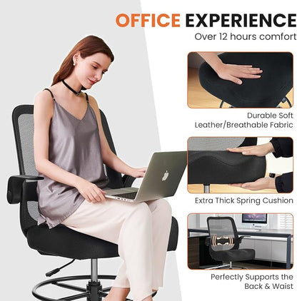 Drafting Chair 500LBS – Tall Office Chair with Adjustable Height & Foot Ring for Standing Desk, Ergonomic Mesh Chair with Flip-Up Armrests, Thick Curved Seat for Home Office & Creative Work