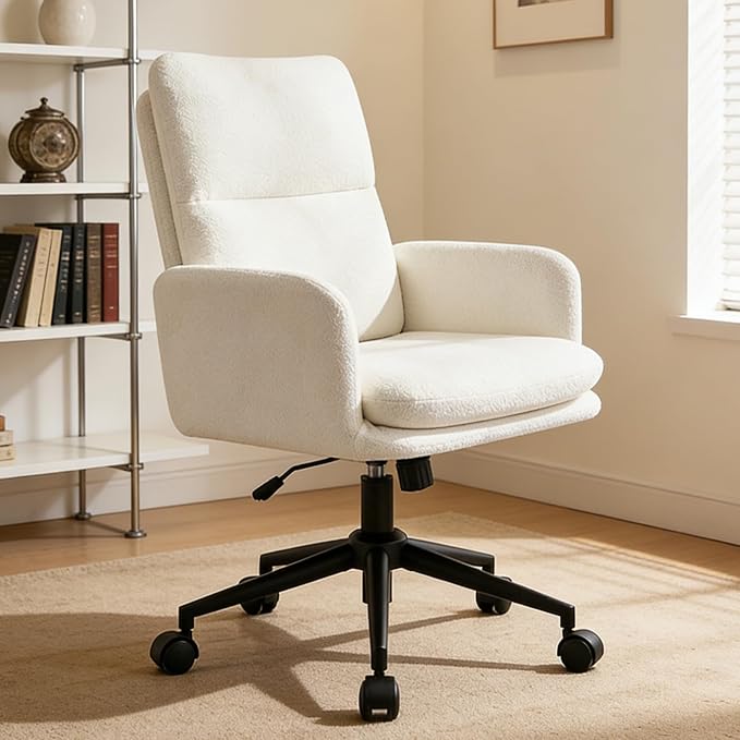 Comfortable Home Office Chair, Upholstered Desk Chair with Double-Layer Cushioning, Adjustable Height Swivel Task Chair with Padded Armrests, Rolling Wheels and Metal Base, Ivory White